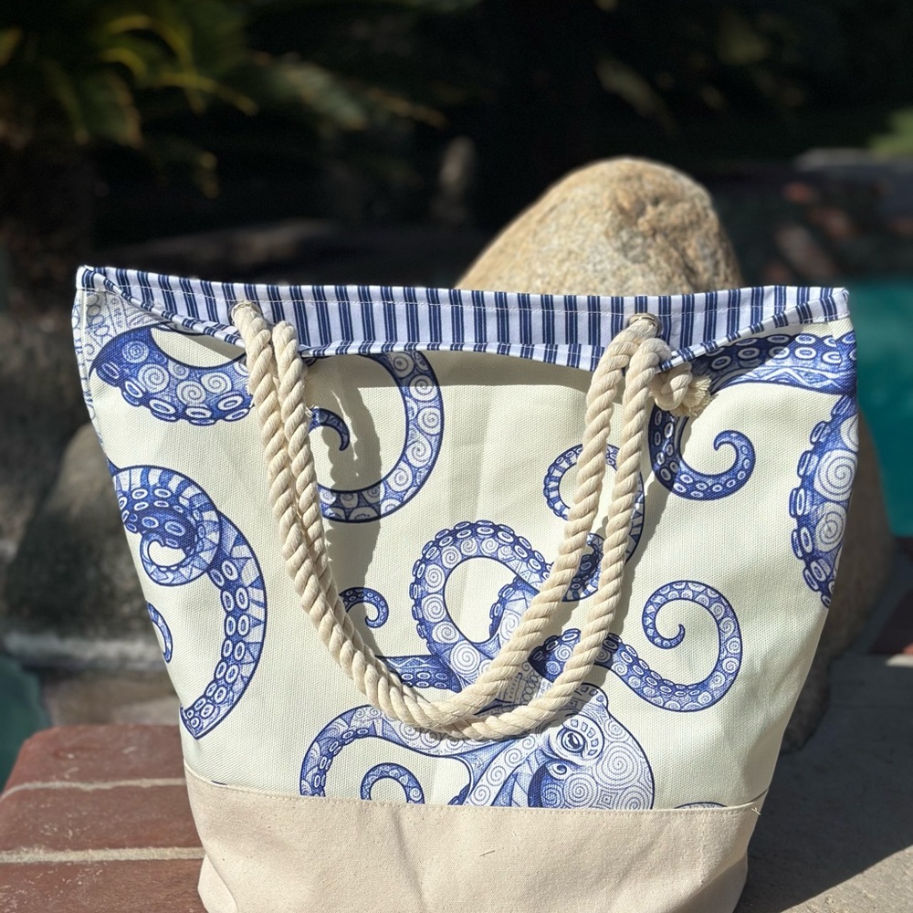 Nautical Blue and Cream Canvas Tote Bag
